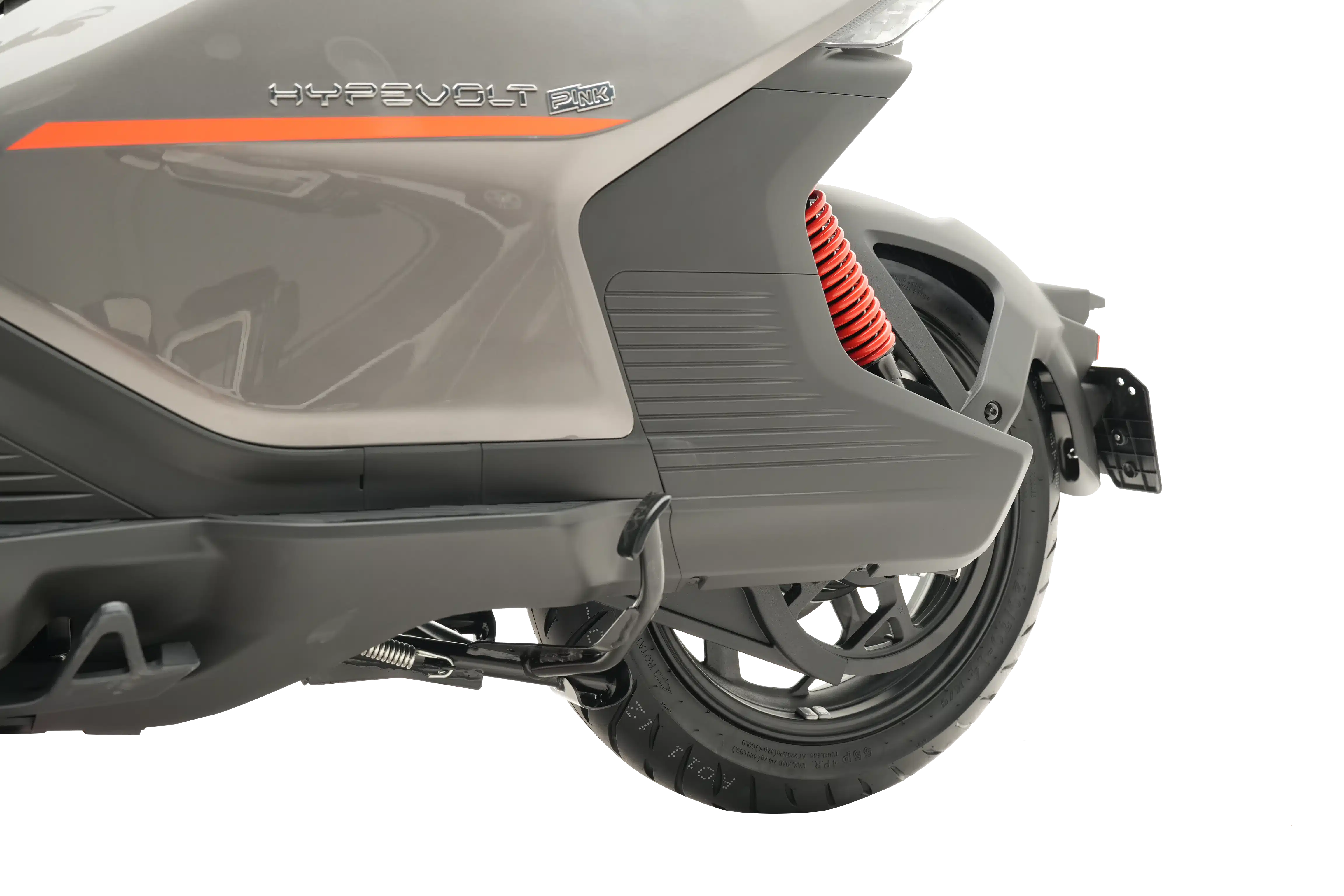 Vue latérale de la carrosserie et du plancher du scooter Pink Hypevolt